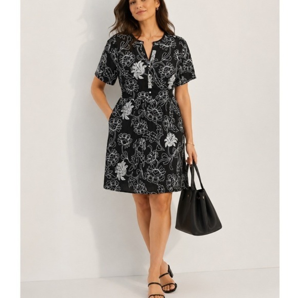 LOFT Outlet Petite Medium Black White Embroidered Floral Cotton Mini Dress